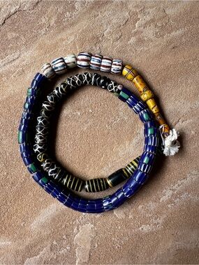 Antique Blue Star Chevron, Bumble Bees, Snake/Meander African Trade Beads 29"